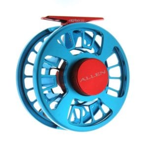 bright blue and red fly fishing reel still product photography example