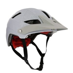 white mountain biking helmet with black straps sporting goods product photography example